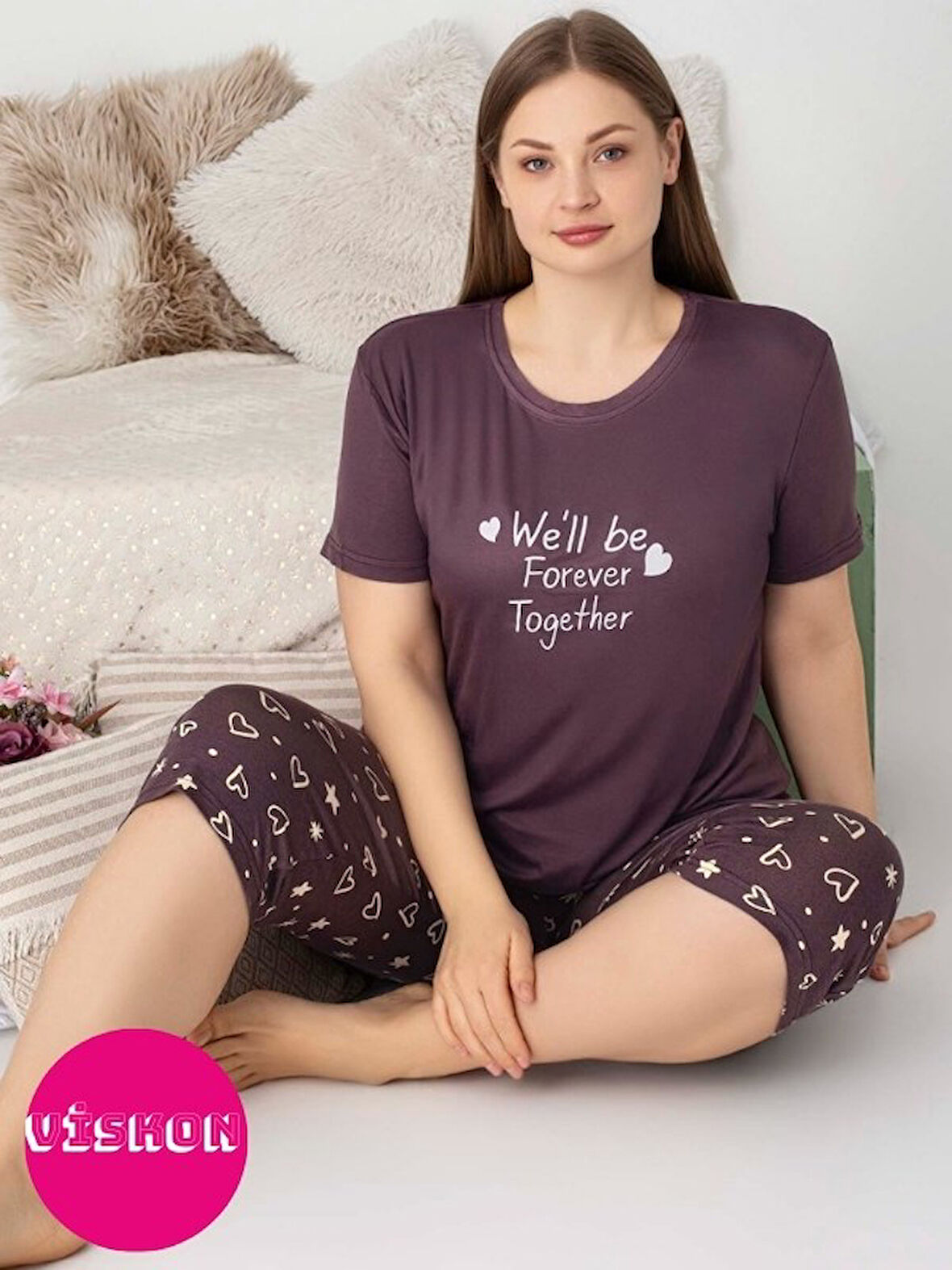 Kadın Bisiklet Yaka Düğmesiz Battal Kesim Viskon Kısa Kol Kapri Cepli Büyük Beden Pijama Takımı