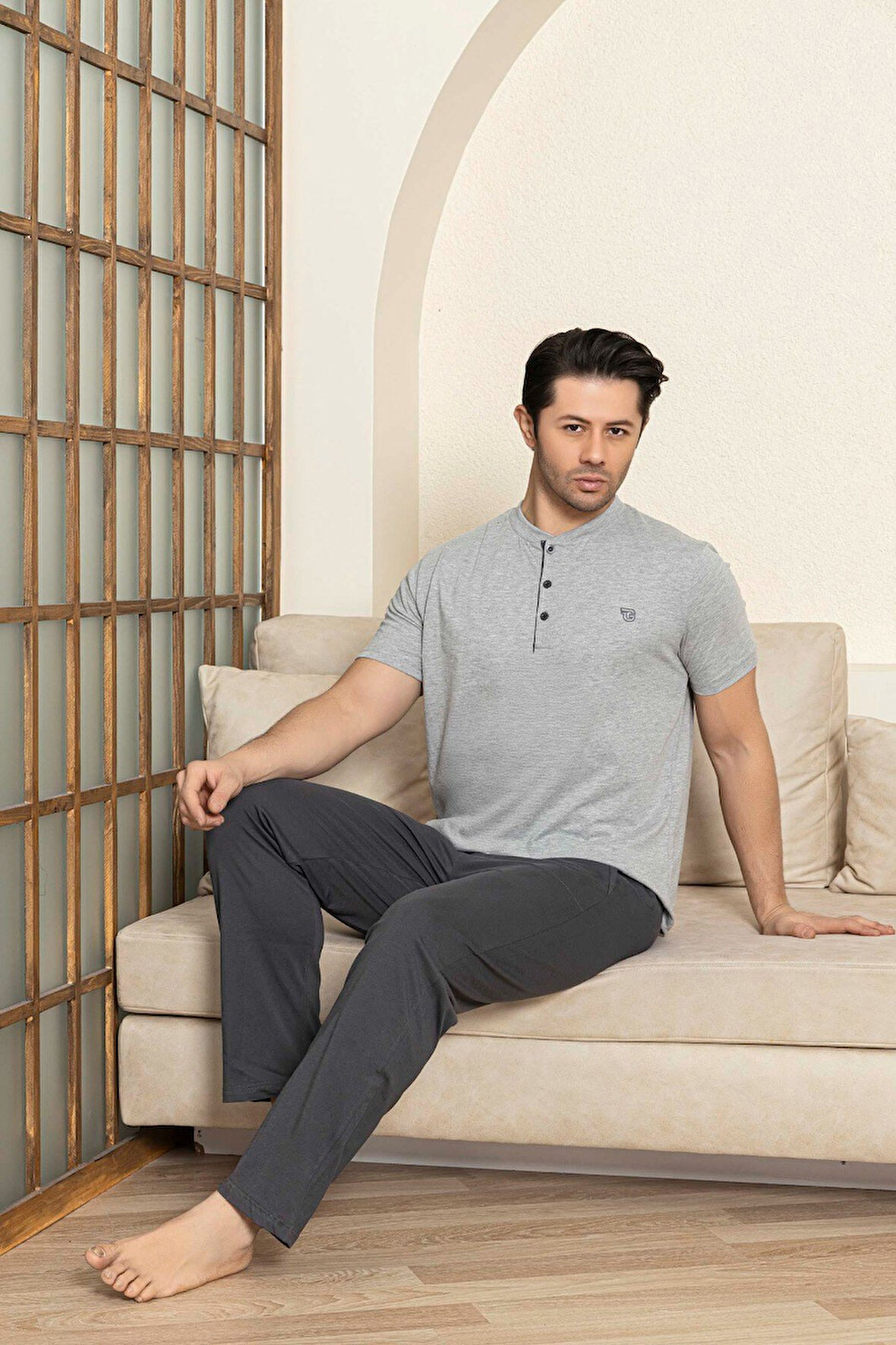 Erkek 3 Düğmeli %100 Pamuk Yazlık Kısa Kol Cepli Pijama Takımı