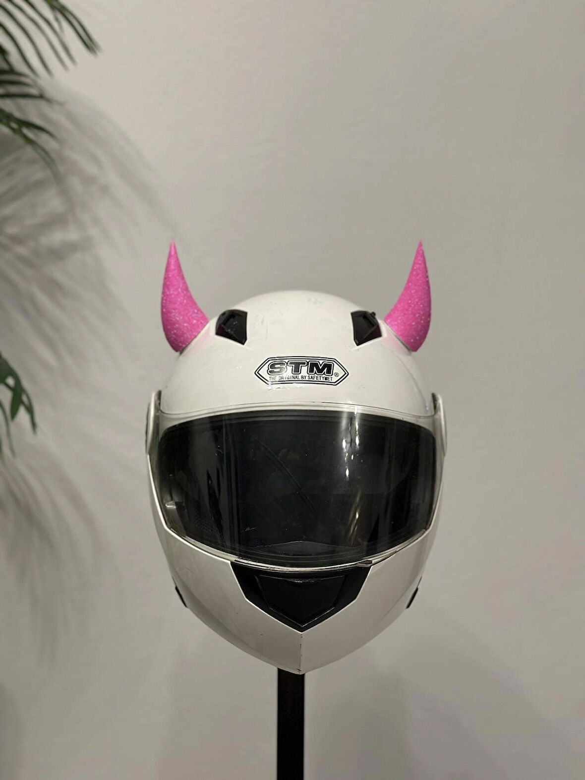 Motor & Motosiklet Neon Pembe Simli Şeytan Boynuzu Kask Dış Aksesuar