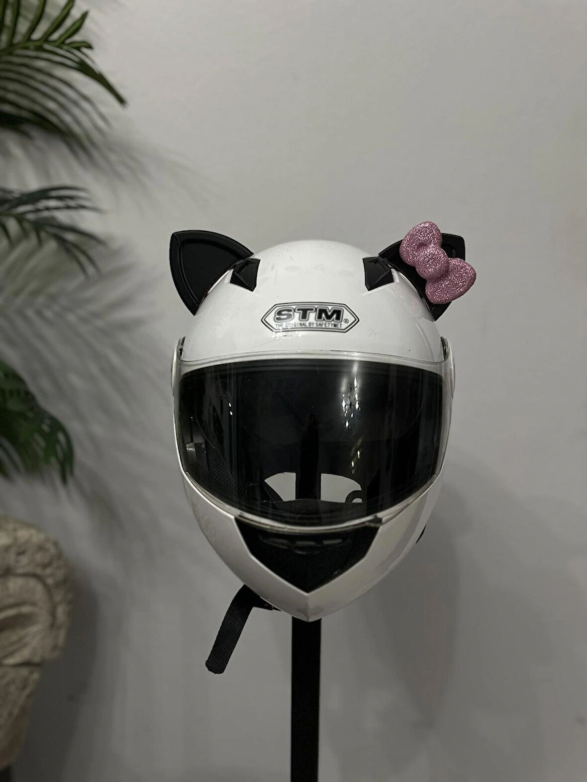 Motor & Motosiklet Pembe Fiyonklu Siyah Kedi Kulak Kask Dış Aksesuarı