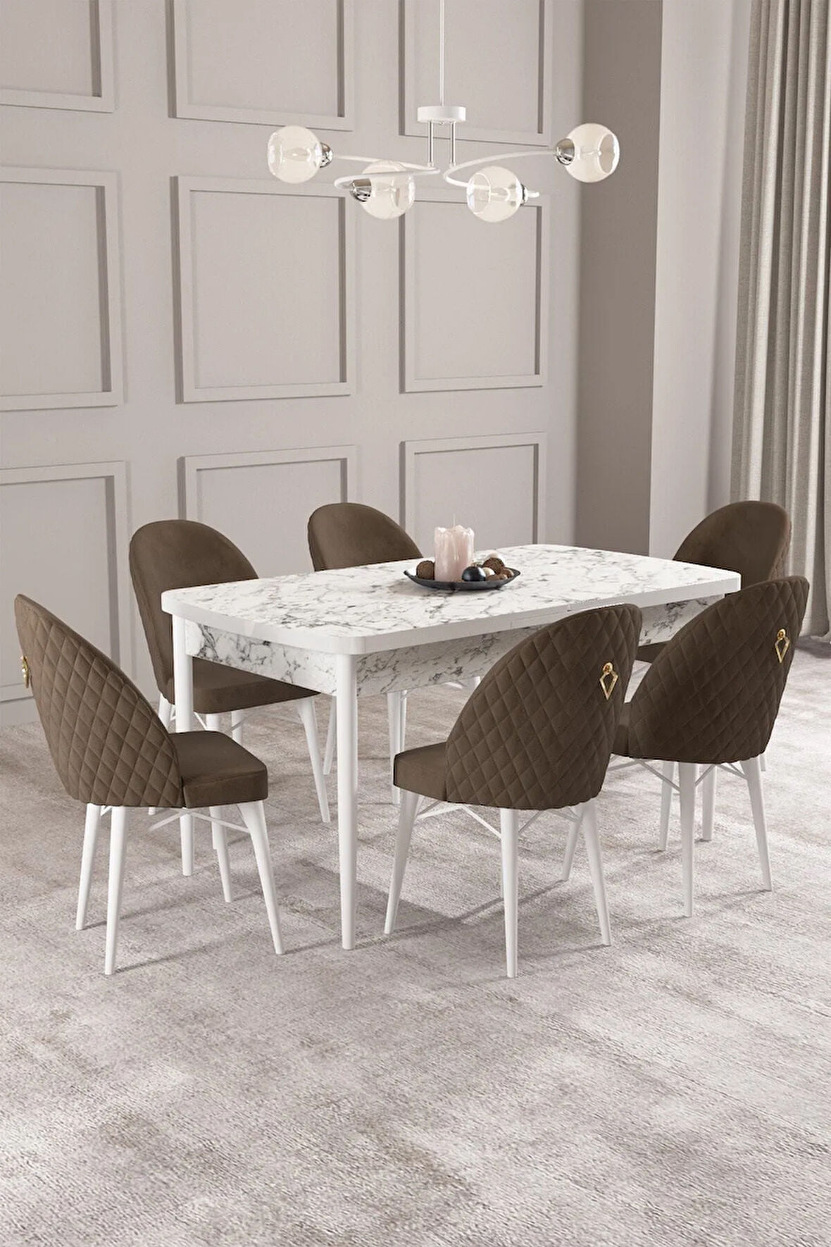 Calvin Beyaz Mermer Desen 80x132 MDF Açılabilir Mutfak Masası Takımı 6  Sandalye