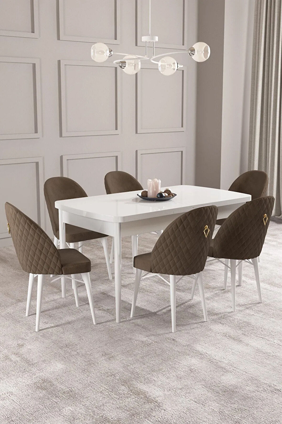 Calvin Beyaz 80x132 MDF Açılabilir Mutfak Masası Takımı 6  Sandalye