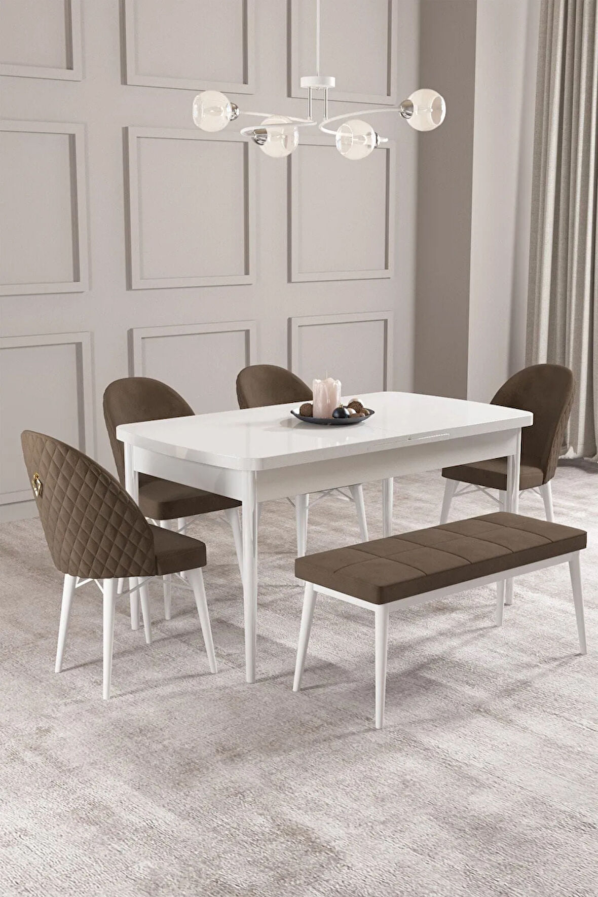 Calvin Beyaz 80x132 MDF Açılabilir Mutfak Masası Takımı 4 Sandalye, 1 Bench