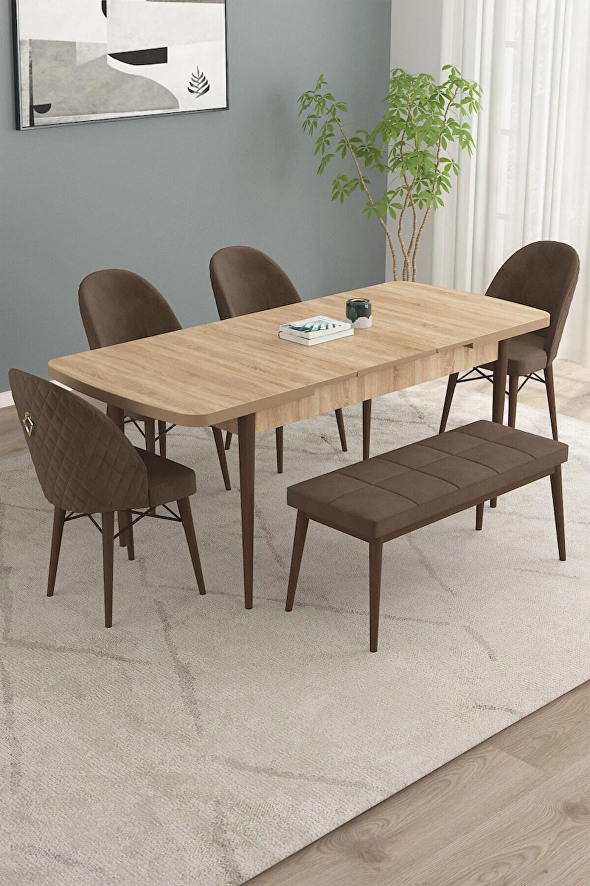 Calvin Meşe Desen 80x132 MDF Açılabilir Mutfak Masası Takımı 4 Sandalye, 1 Bench