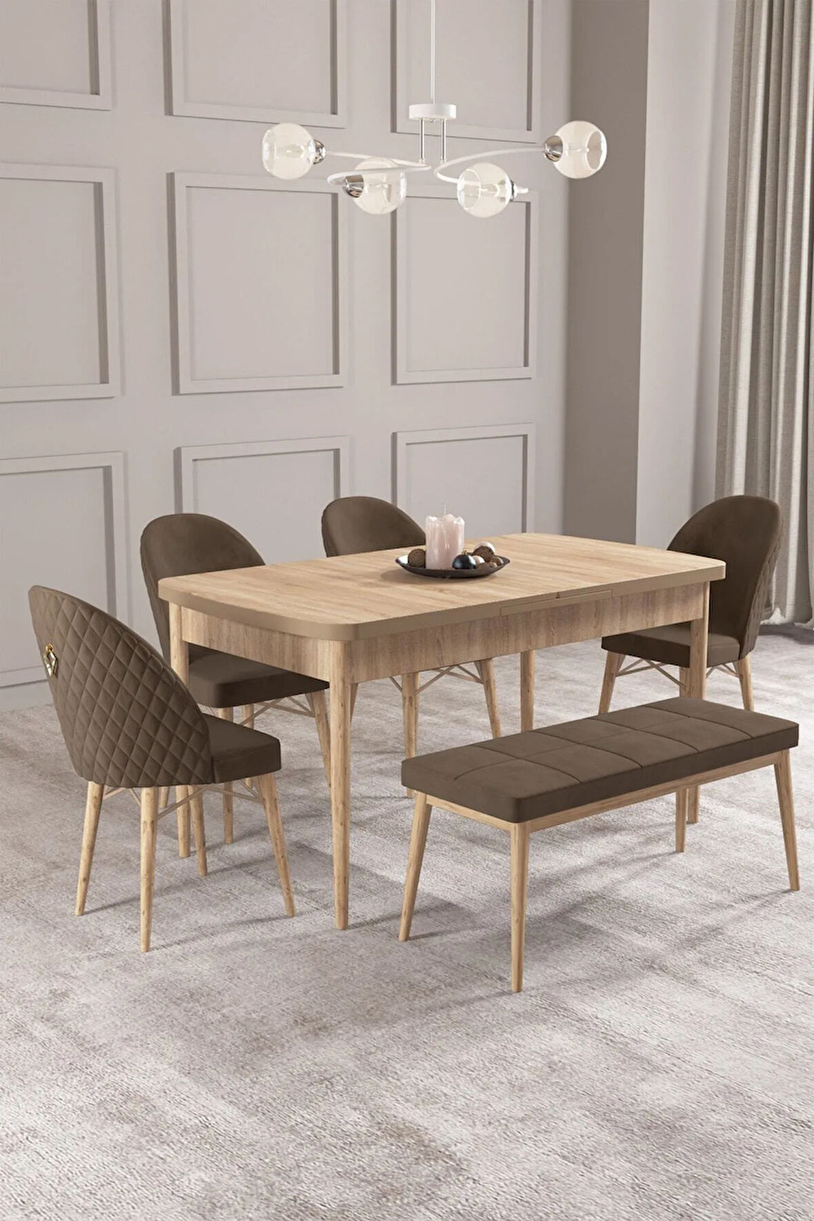 Calvin Meşe Desen 80x132 MDF Açılabilir Mutfak Masası Takımı 4 Sandalye, 1 Bench