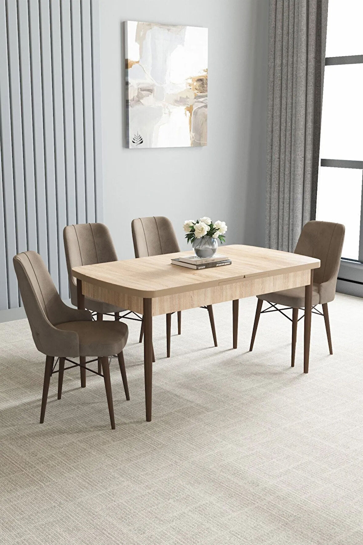 Laris Meşe Desen 80 X 132 Benchli Açılabilir MDF Mutfak Masa Takımı 4 Sandalye