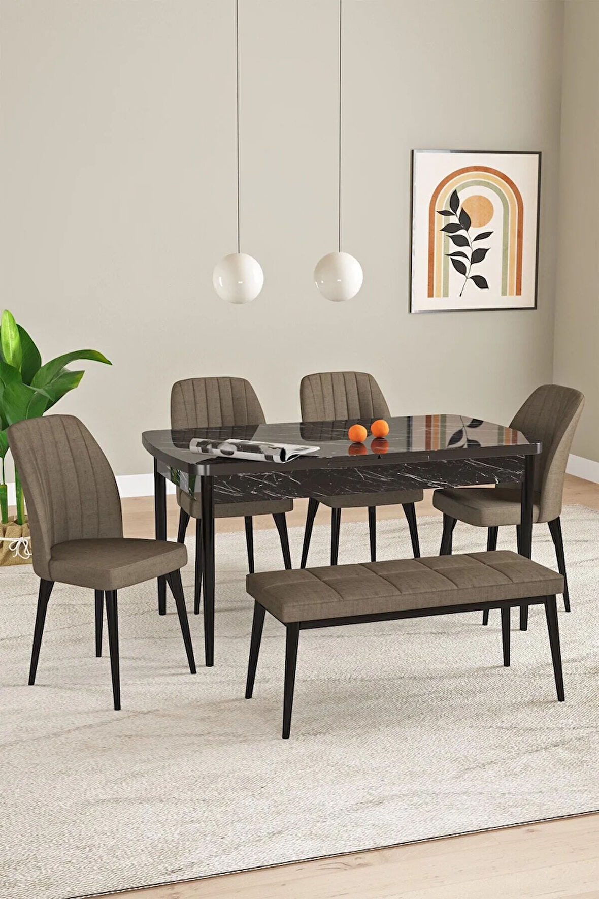 Laris Siyah Mermer Desen 80 X 132 Benchli Açılabilir MDF Mutfak Masa Takımı 4 Sandalye