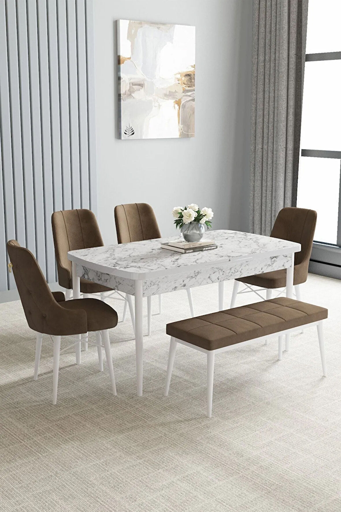 Jusie Beyaz Mermer Desen 80x132 Açılabilir Yemek Odası Takımı 4 Sandalye, 1 Bench