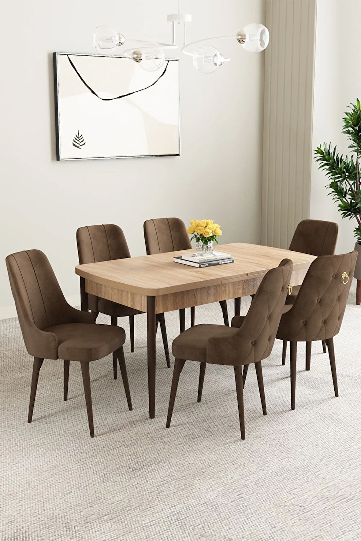 Milas Beyaz Mermer Desen 80x132 MDF Açılabilir Yemek Masası Takımı 4 Sandalye, 1 Bench