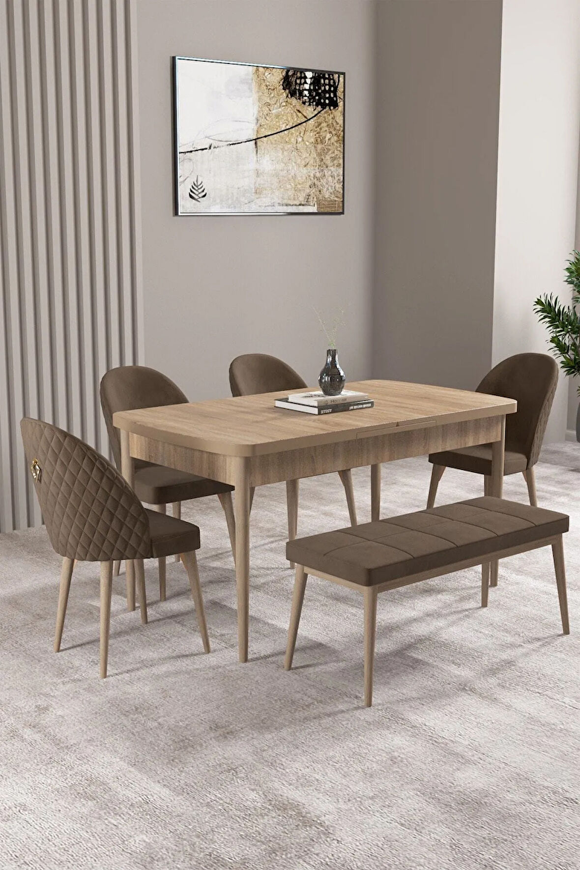Milas Meşe Desen 80x132 MDF Açılabilir Yemek Masası Takımı 4 Sandalye, 1 Bench