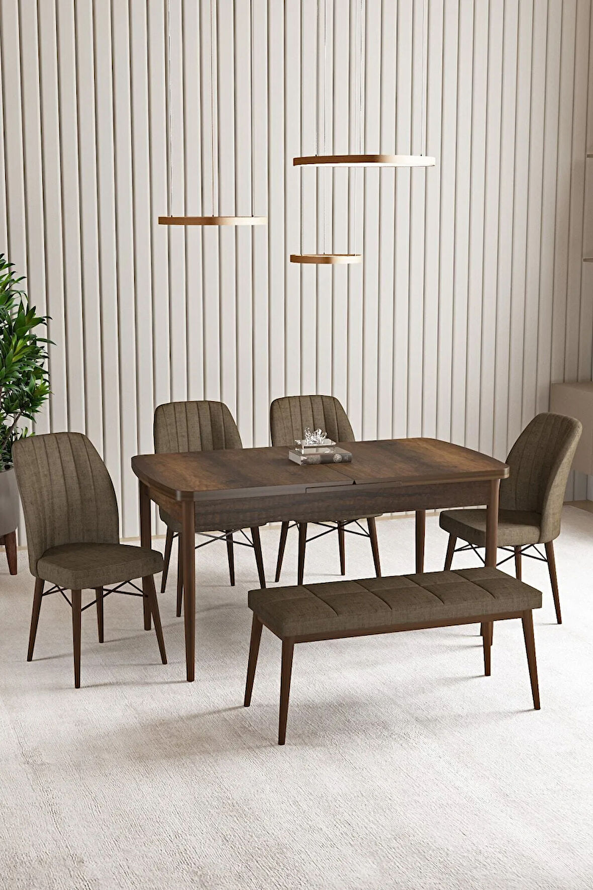 Vien Barok Desen 80 X 132 Açılabilir MDF Mutfak Masası 4 Sandalye, 1 Bench