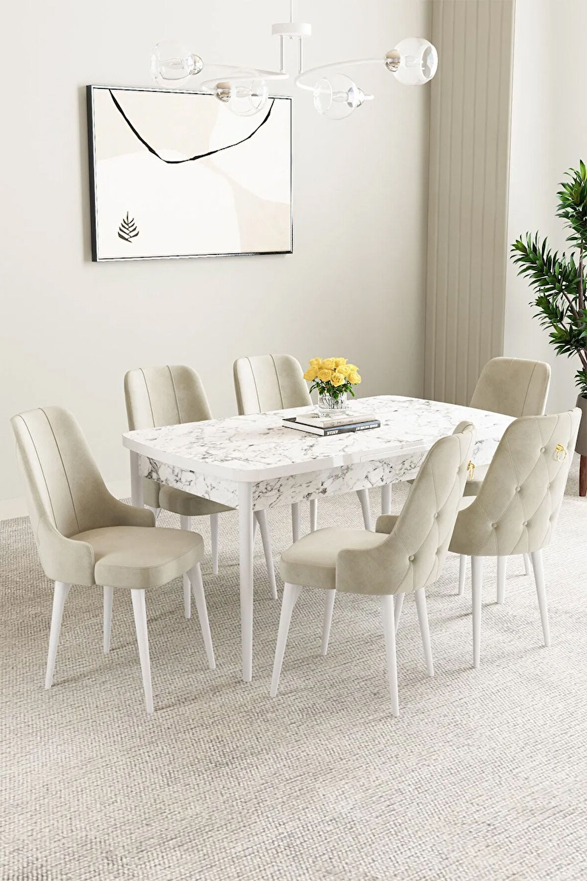 Vien Siyah Mermer Desen 80 X 132 Açılabilir MDF Mutfak Masası 4 Sandalye, 1 Bench