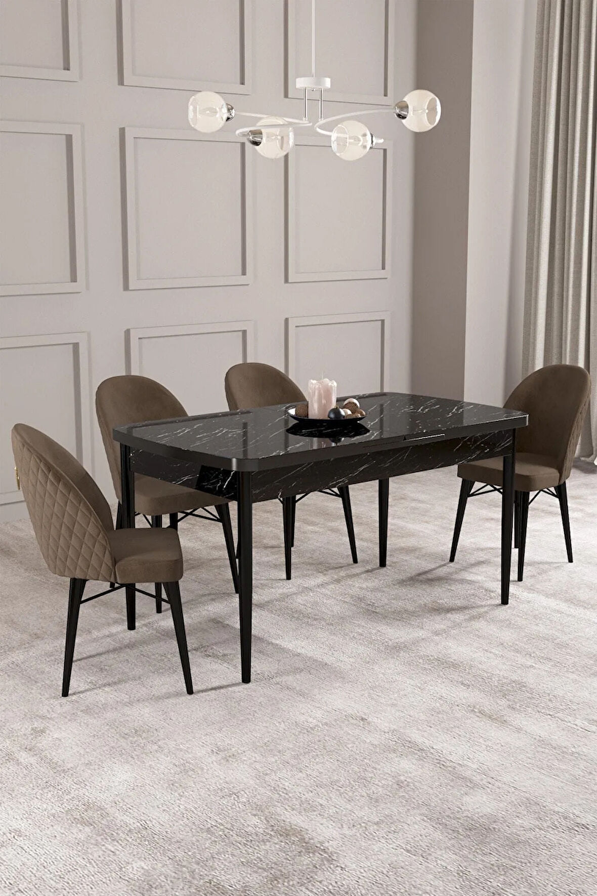 Arya Siyah Mermer Desen 80x132 MDF Açılabilir Mutfak Masası Takımı 4  Sandalye