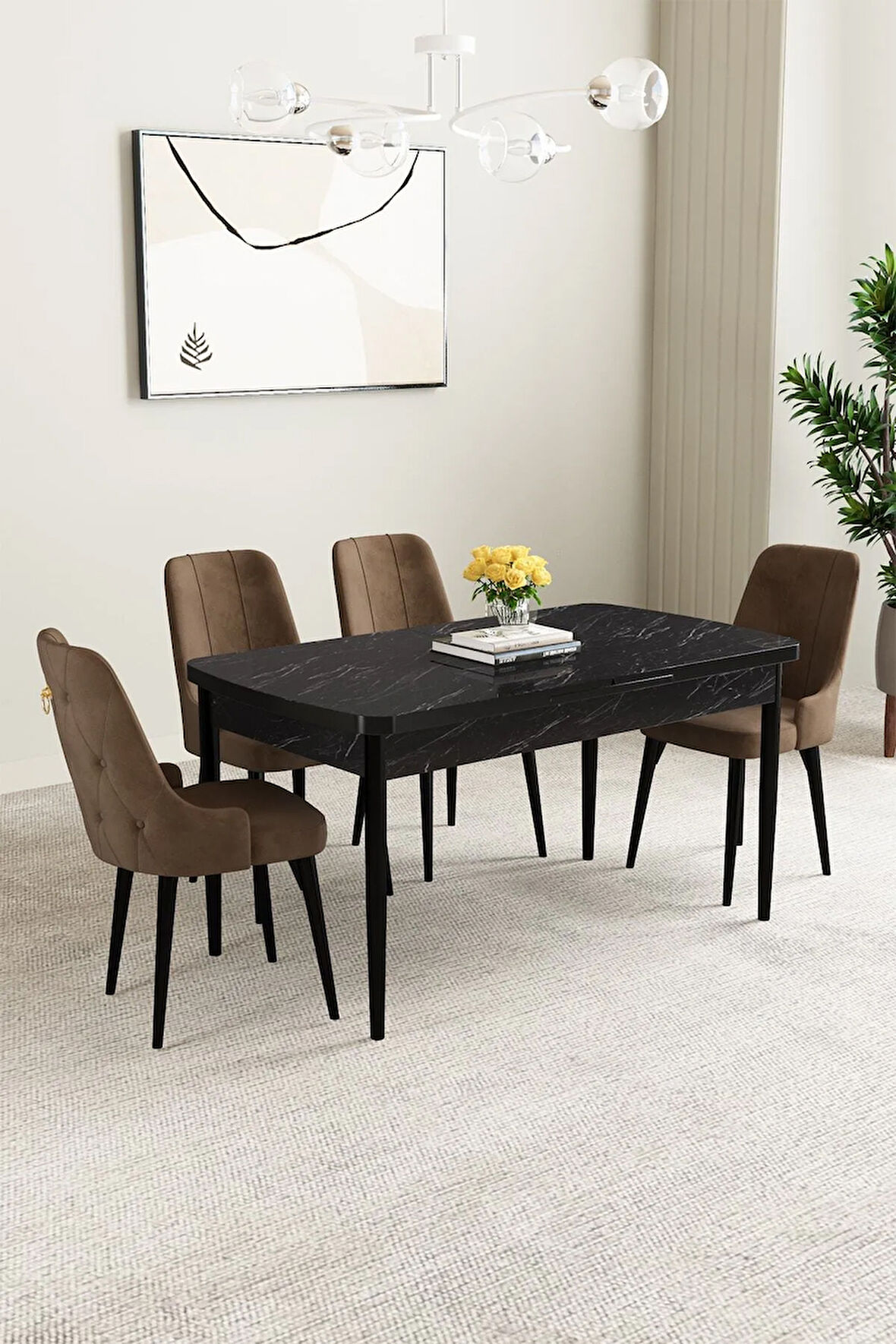 Ashira MDF Siyah Mermer Desen Açılabilir 80x132 Cm 4 Sandalyeli Mutfak Masası Takımı