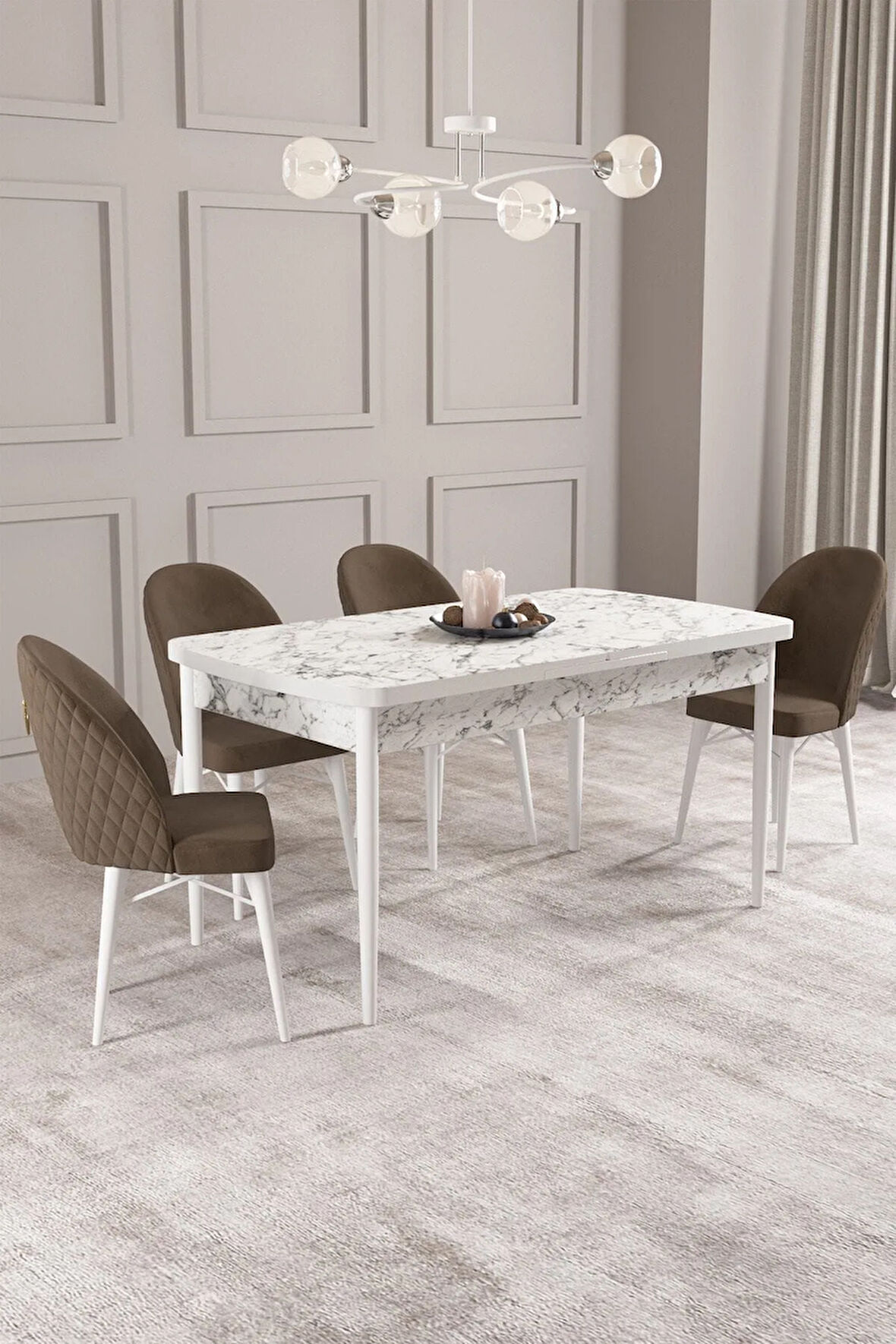 Calvin Beyaz Mermer Desen 80x132 MDF Açılabilir Mutfak Masası Takımı 4  Sandalye