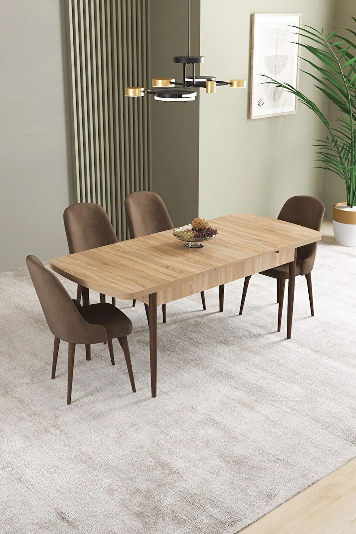 Calvin Meşe Desen 80x132 MDF Açılabilir Mutfak Masası Takımı 4  Sandalye