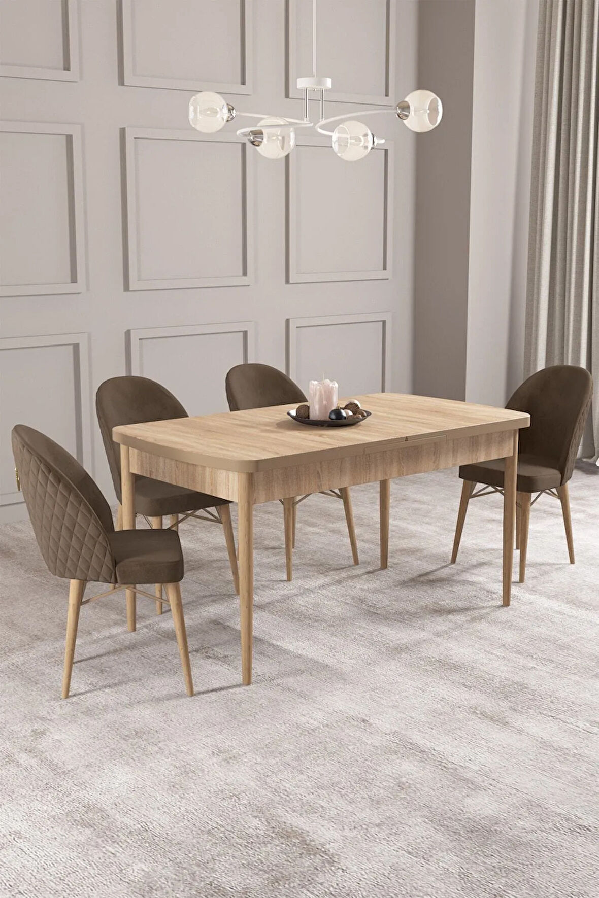 Calvin Meşe Desen 80x132 MDF Açılabilir Mutfak Masası Takımı 4  Sandalye