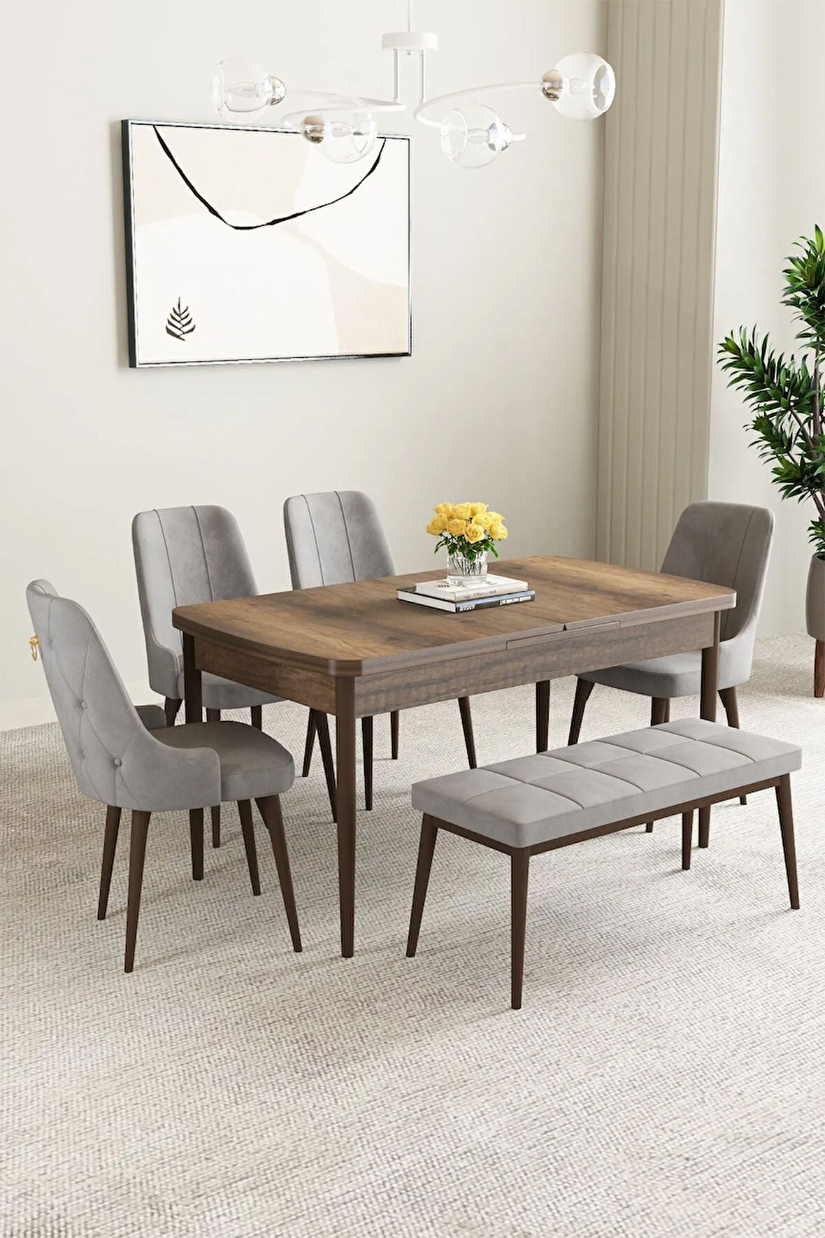 Daisy MDF Barok Desen Açılabilir 80x132 Cm 4 Sandalyeli Mutfak Masası Takımı