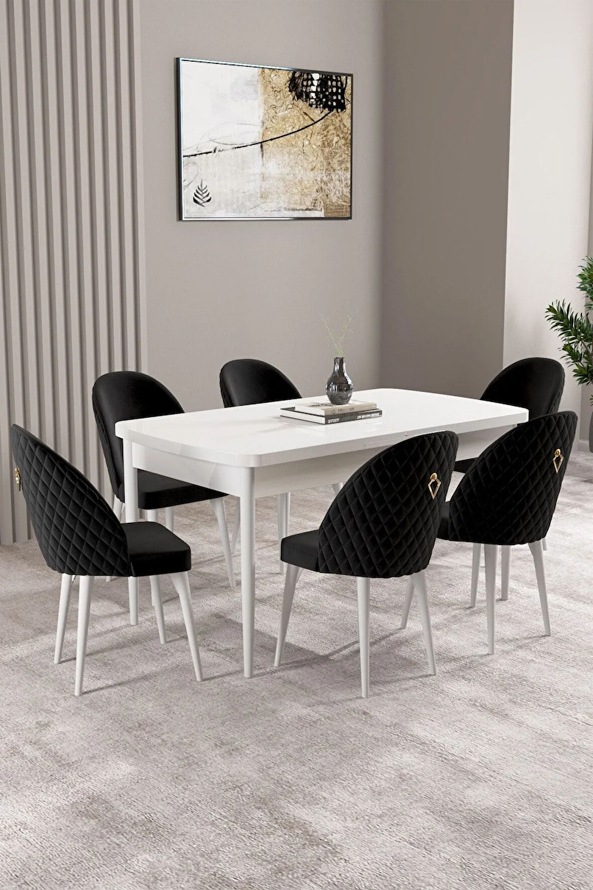 Daisy MDF Beyaz Mermer Desen Açılabilir 80x132 Cm 4 Sandalyeli Mutfak Masası Takımı