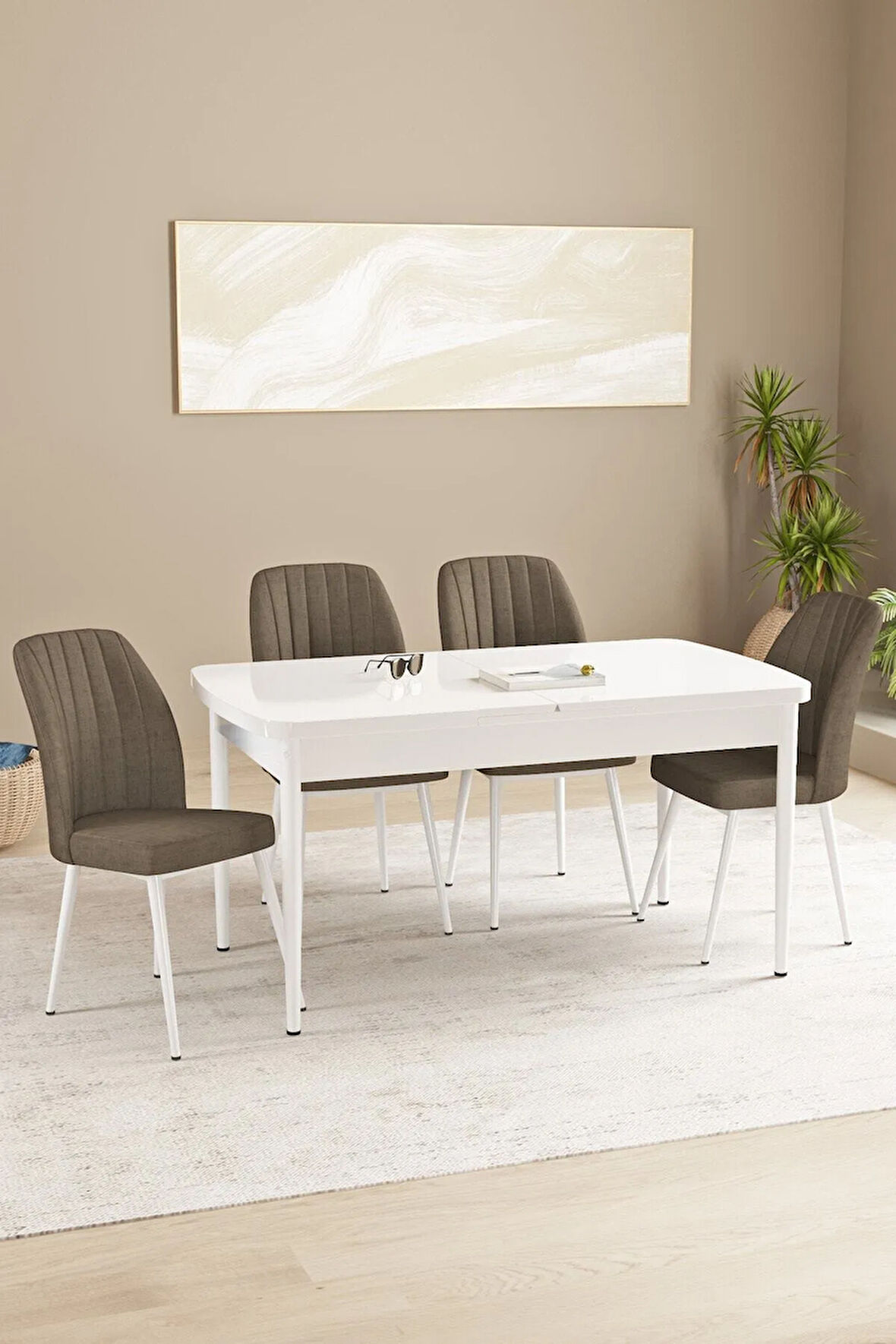 Daisy MDF Beyaz Açılabilir 80x132 Cm 4 Sandalyeli Mutfak Masası Takımı