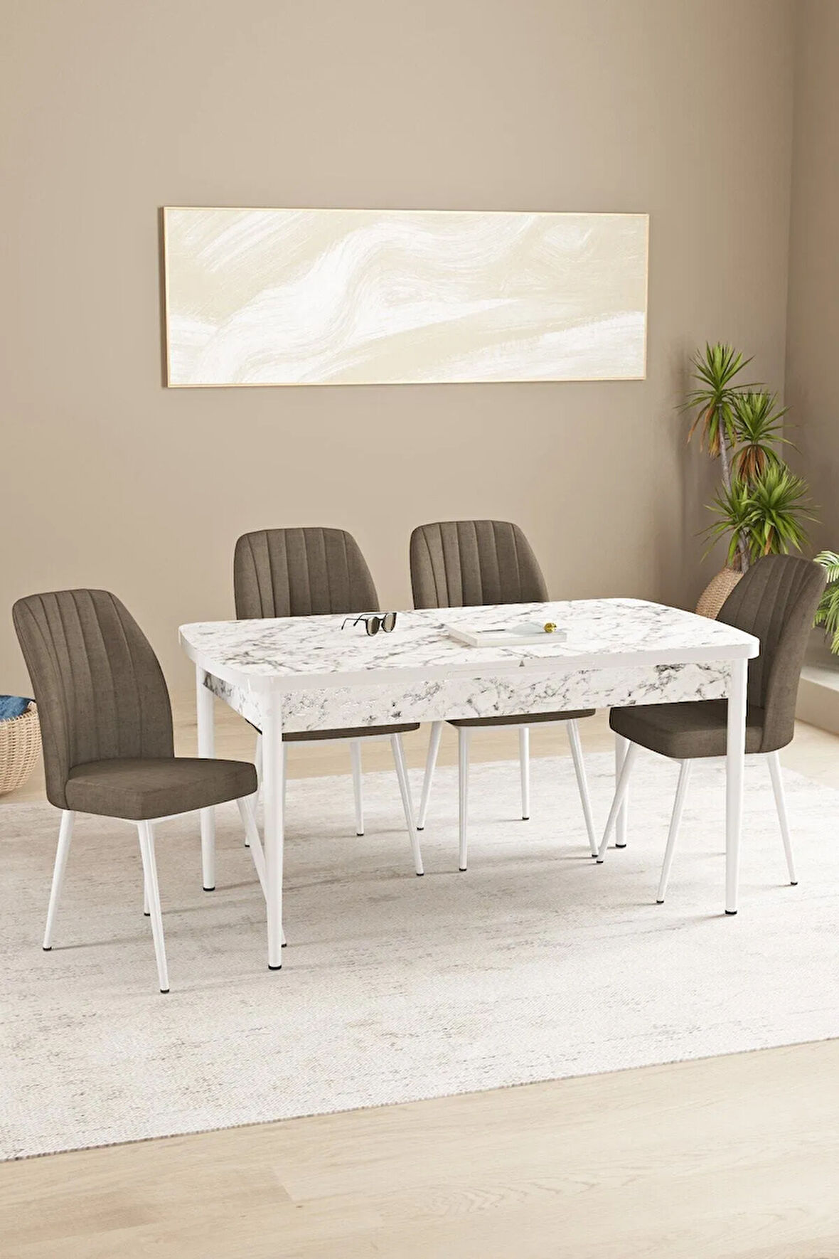Daisy Beyaz Mermer Desen 80x132 Açılabilir MDF Mutfak Masa Takımı 4 Sandalye