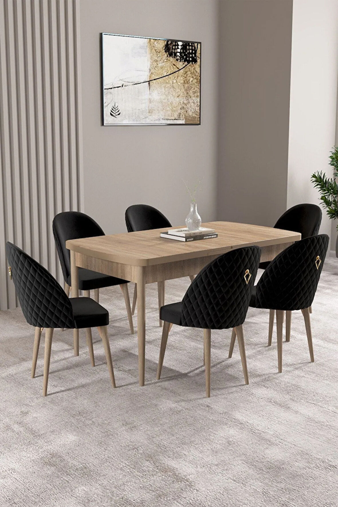 Daisy MDF Siyah Mermer Desen Açılabilir 80x132 Cm 4 Sandalyeli Mutfak Masası Takımı