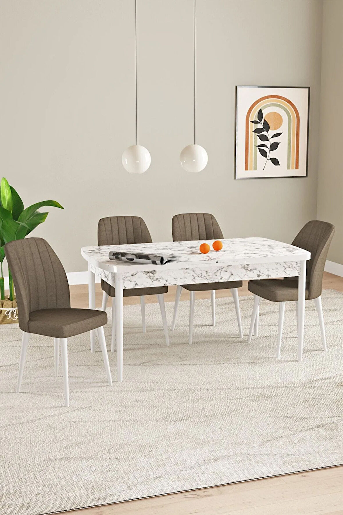 Elis Beyaz Mermer Desen 80x132 Açılabilir Masa Takımı 4  Sandalye