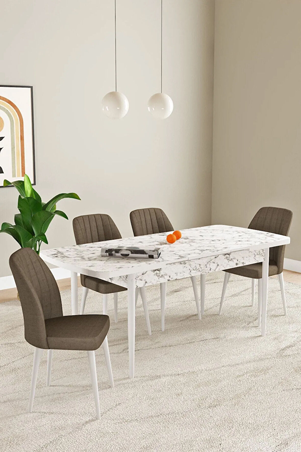 Elis Beyaz Mermer Desen 80x132 Açılabilir Yemek Odası Takımı 4  Sandalye