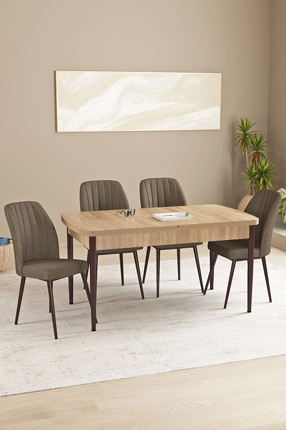 Floryn Meşe Desen 80 X 132 Açılabilir MDF Mutfak Masa Takımı 4 Sandalye