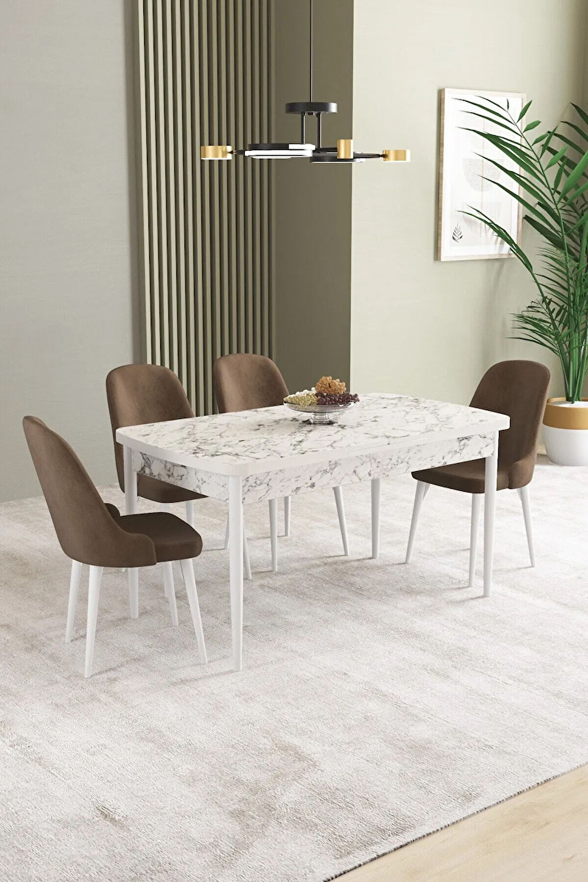 Ikon Beyaz Mermer Desen 80x132 MDF Açılabilir Yemek Masası Takımı 4  Sandalye