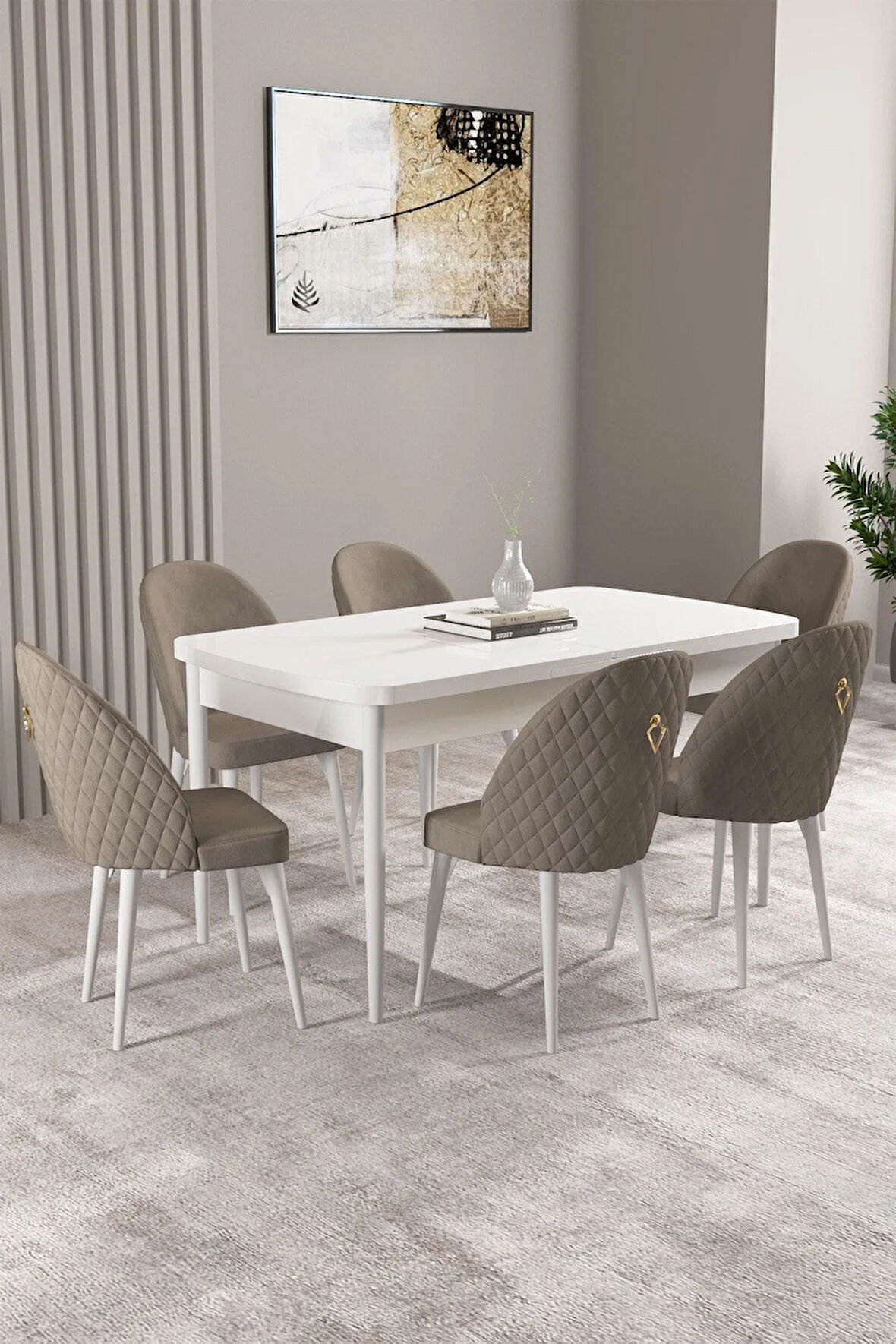 Jusie Beyaz Mermer Desen 80x132 Açılabilir Yemek Odası Takımı 4  Sandalye