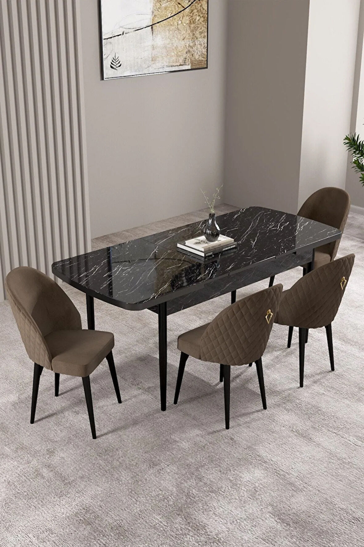 Lima Siyah Mermer Desen 80x132 MDF Açılabilir Yemek Masası Takımı 4  Sandalye