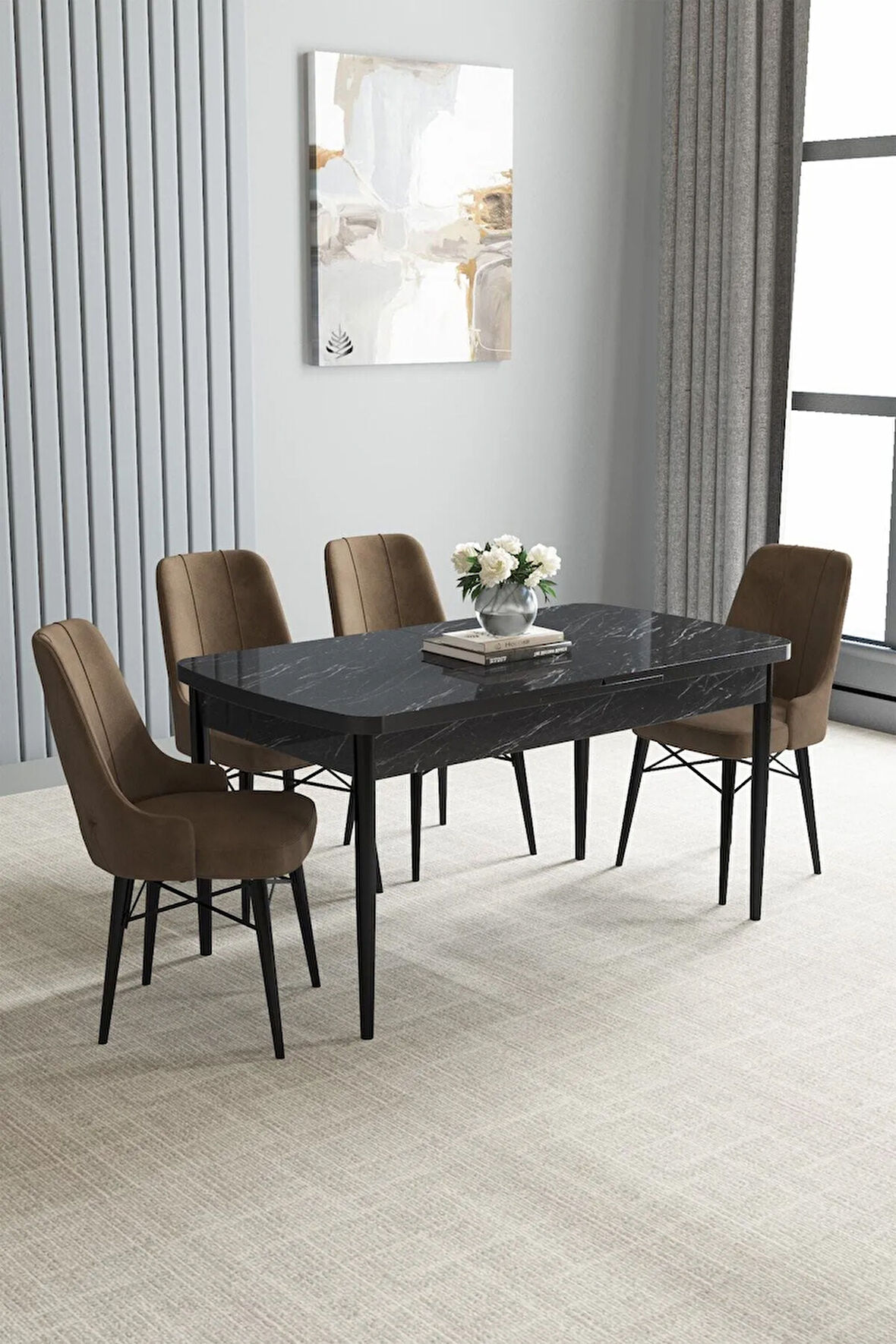 Arvela Siyah Mermer Desen 80x132 MDF Açılabilir Mutfak Masası Takımı 4  Sandalye