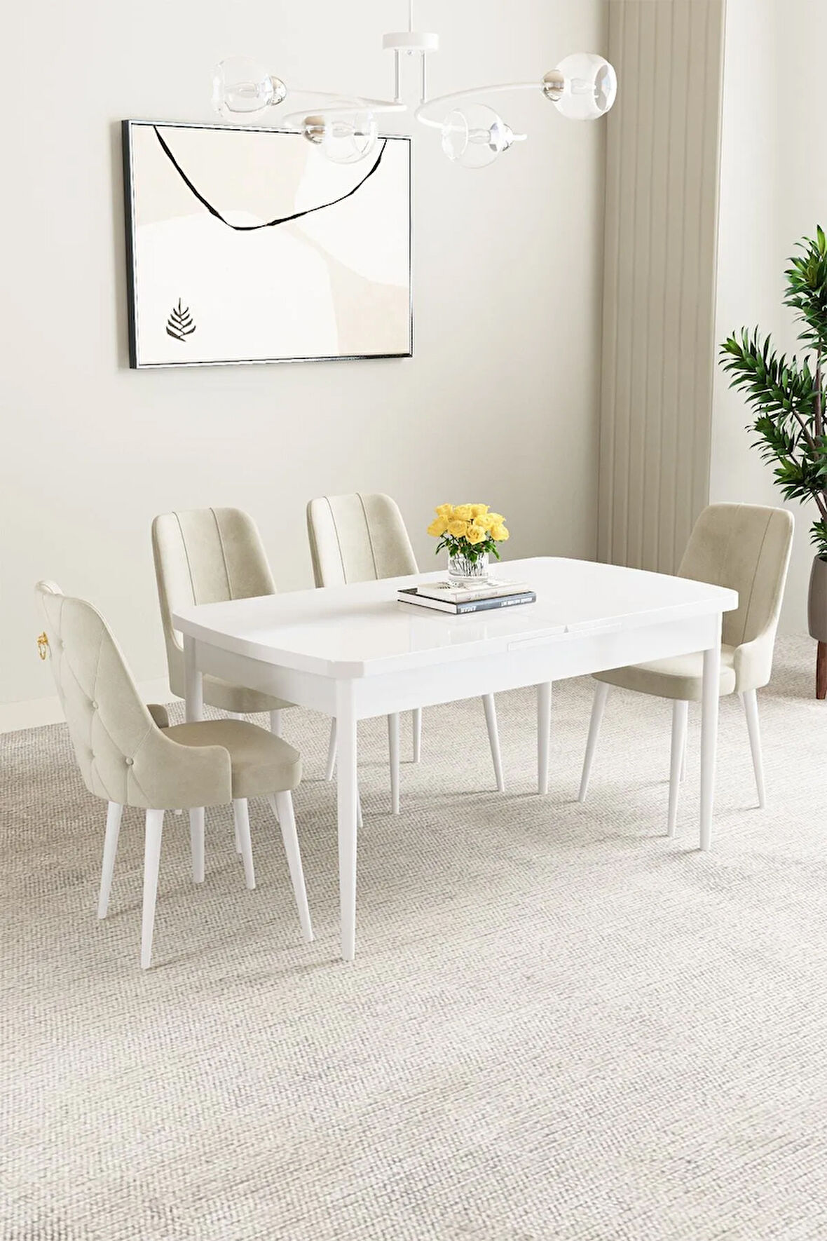 Mabel Beyaz 80x132 Açılabilir Yemek Odası Takımı 4  Sandalye