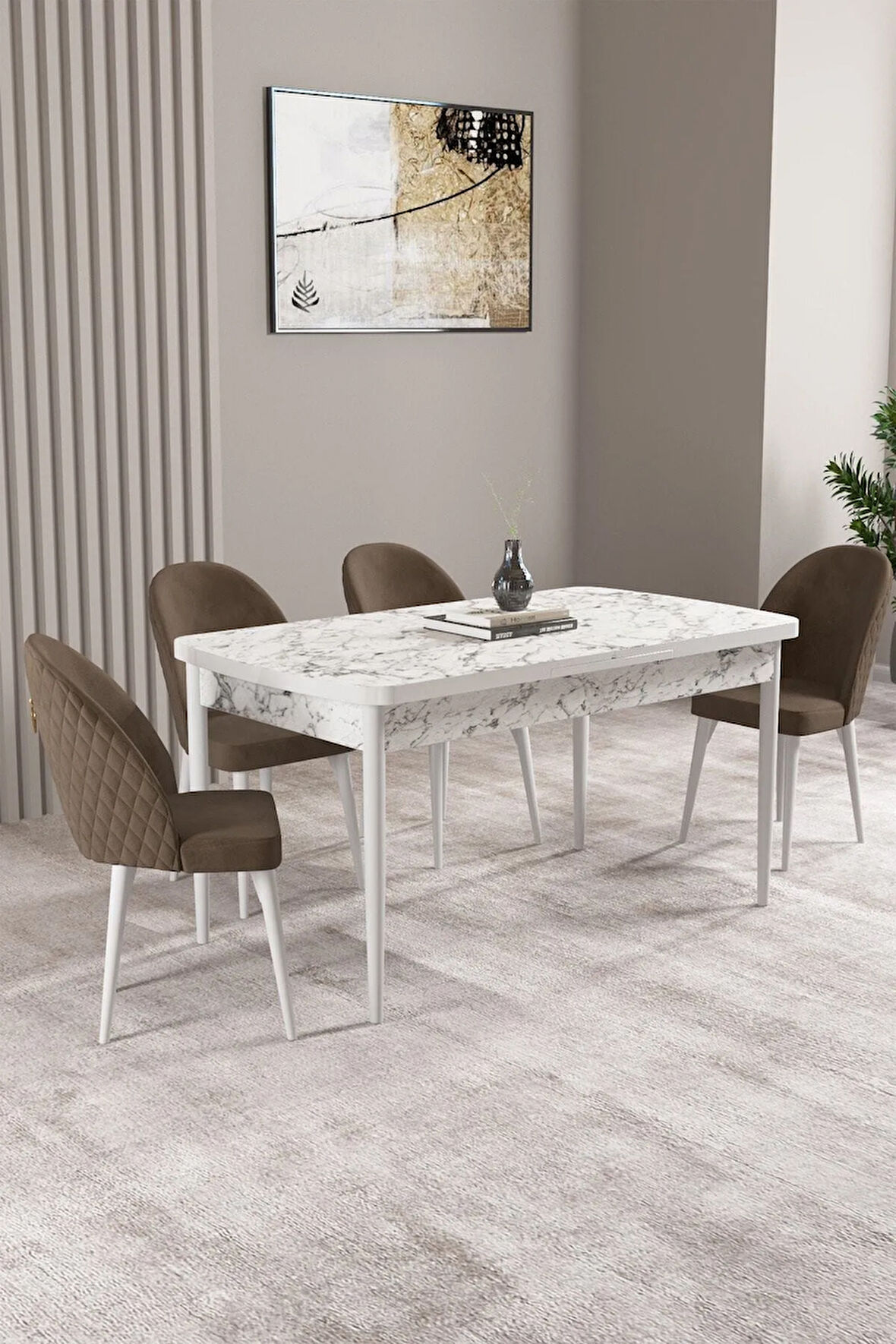 Milas Beyaz Mermer Desen 80x132 MDF Açılabilir Mutfak Masası Takımı 4  Sandalye