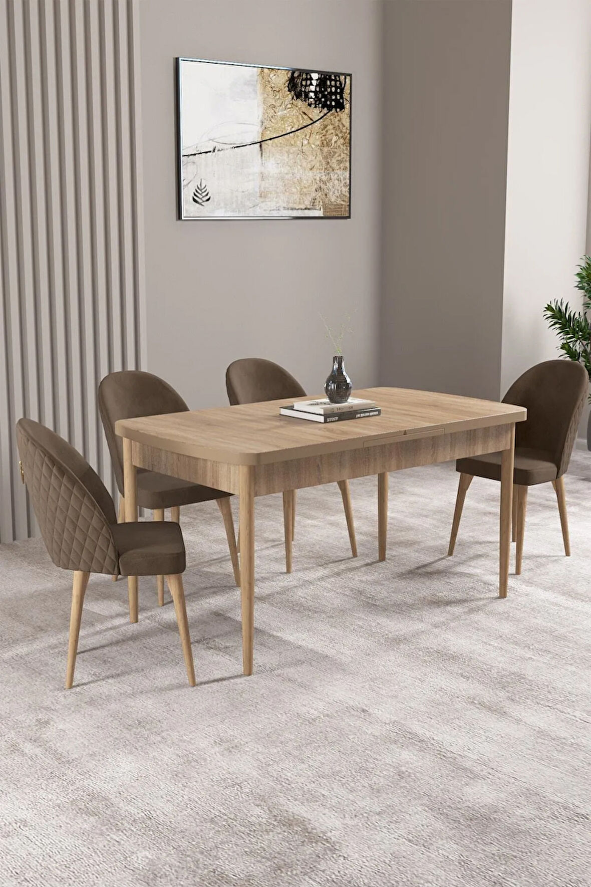 Milas Meşe Desen 80x132 MDF Açılabilir Mutfak Masası Takımı 4  Sandalye