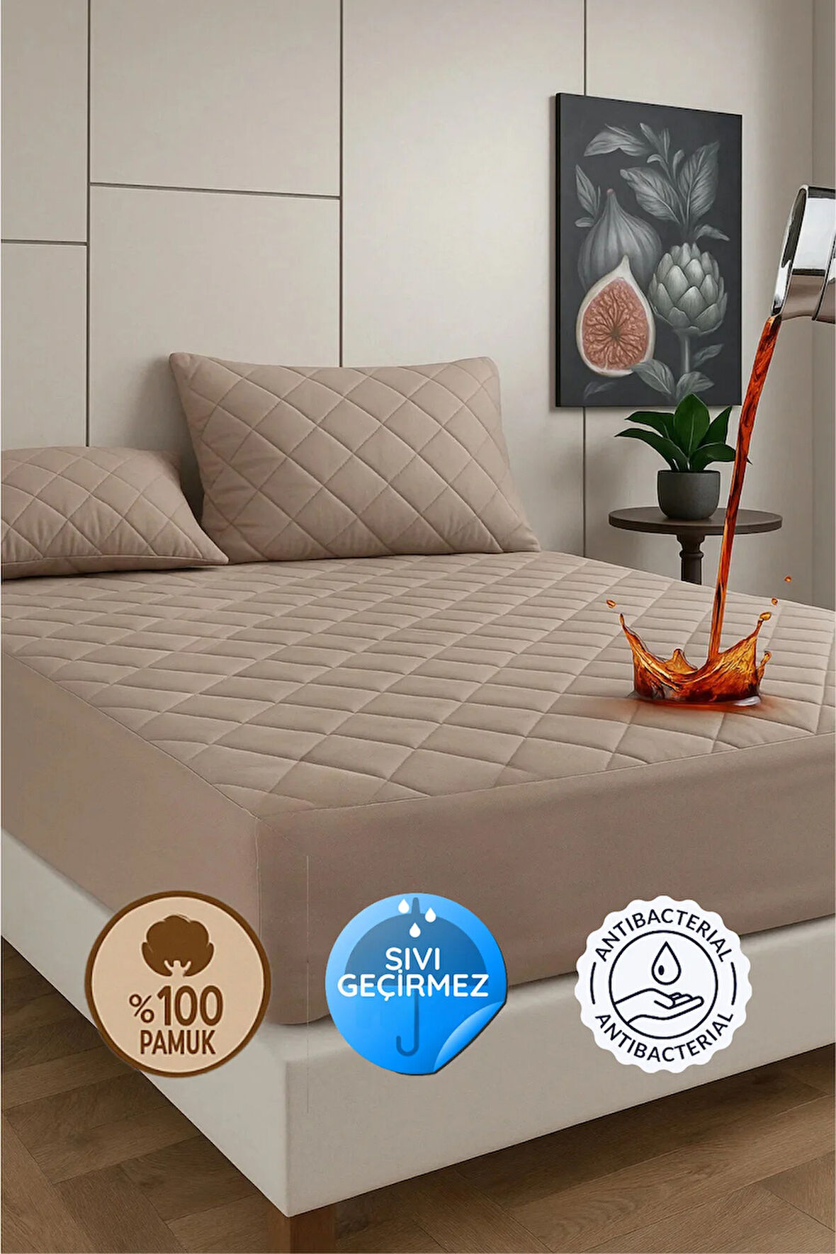 Pamukkale Renkli Alez Kahverengi %100 Pamuk Kapitone Sıvı Geçirmez Alez Çarşaf Fitted