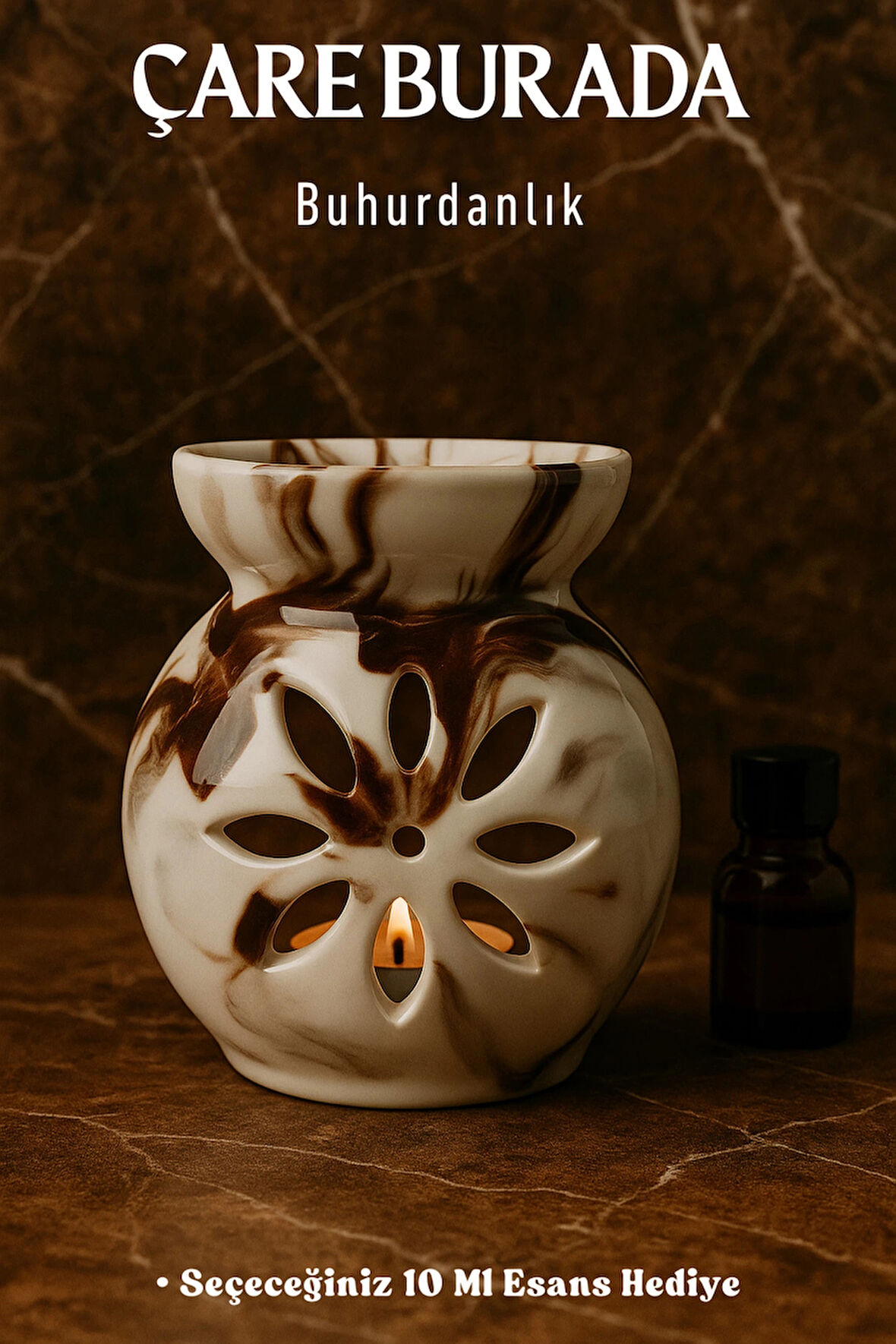 Kahverengi Mermer Desenli Buhurdanlık (Seçeceğiniz 10 Ml Esans Hediye)