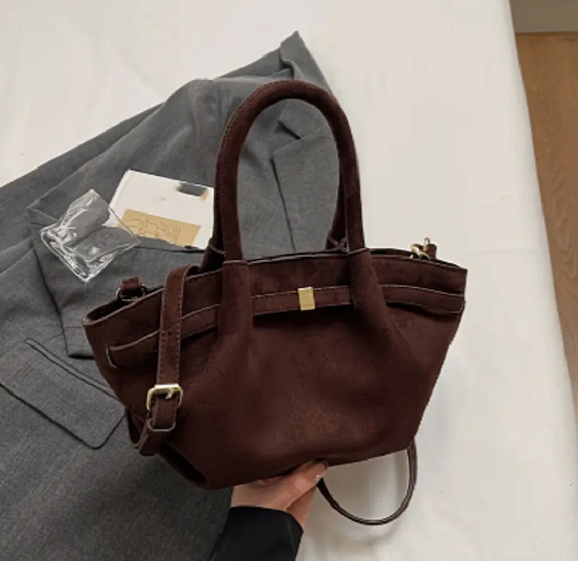 Kahverengi Süet Kemer Detaylı Mini Çanta