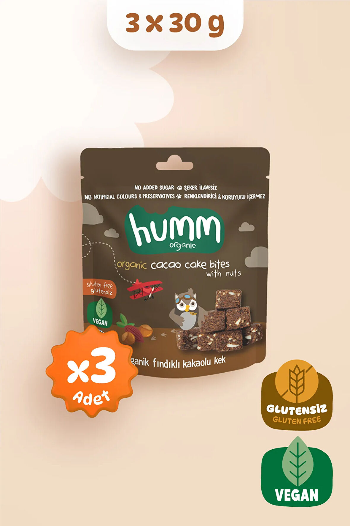 Humm Organic Organik Glutensiz Vegan Kakaolu ve Fındıklı Kek Atıştırmalık Paketi - 30 G X 3 adet