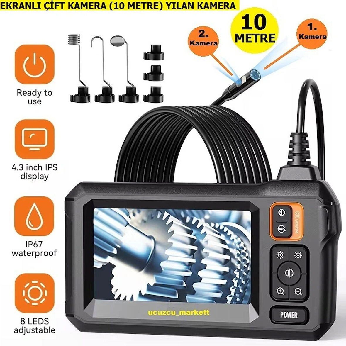 10 Metre 4.3 Inç Çift Kamera Ekranlı Yılan Kamera (Ayarlanabilir Parlak 8 Led)
