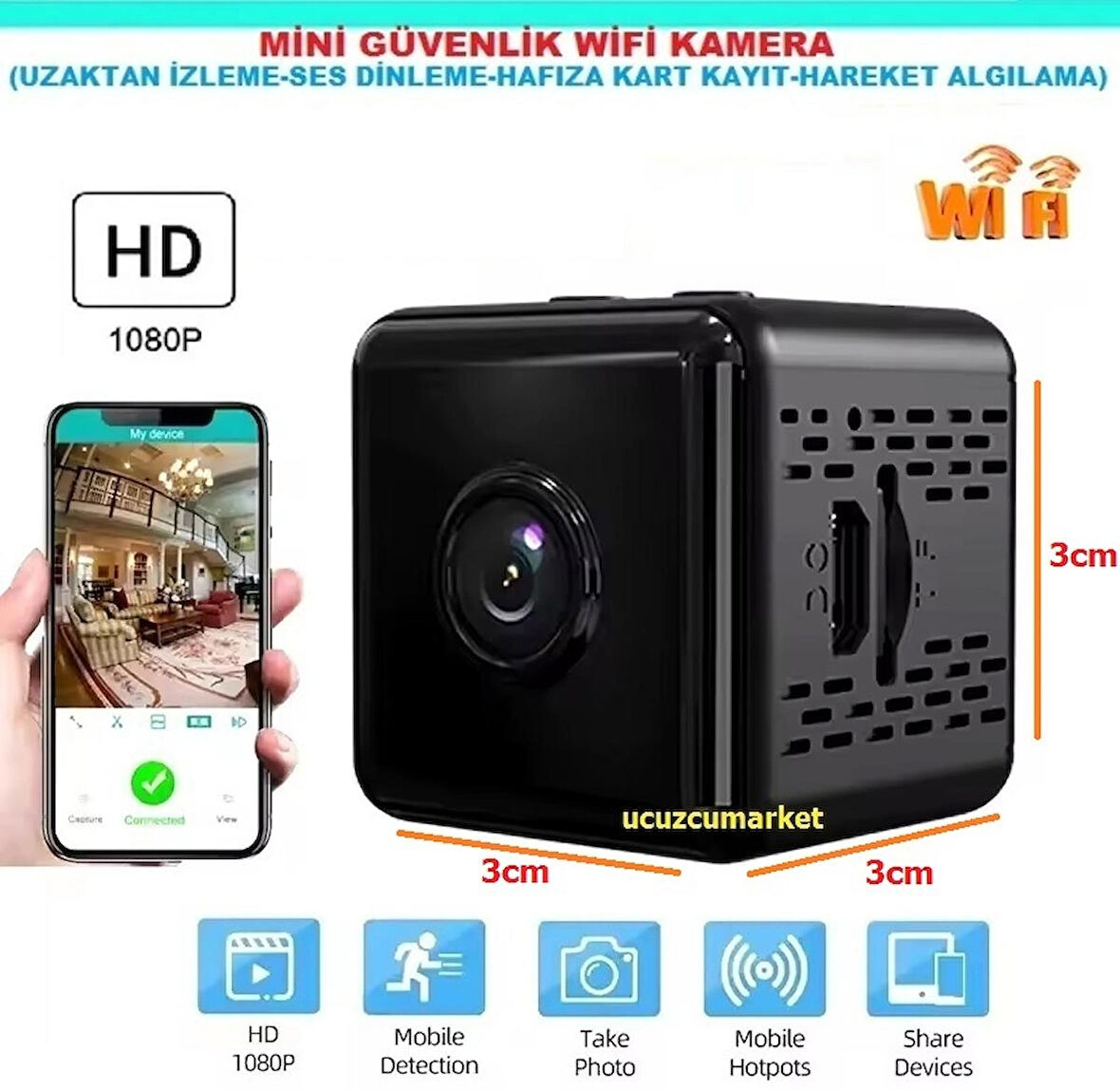 MİNİ WİFİ GÜVENLİK KAMERA  (Uzaktan İzleme-Ses Dinleme-Hafıza Kart Kayıt-Hareket Algılama) 