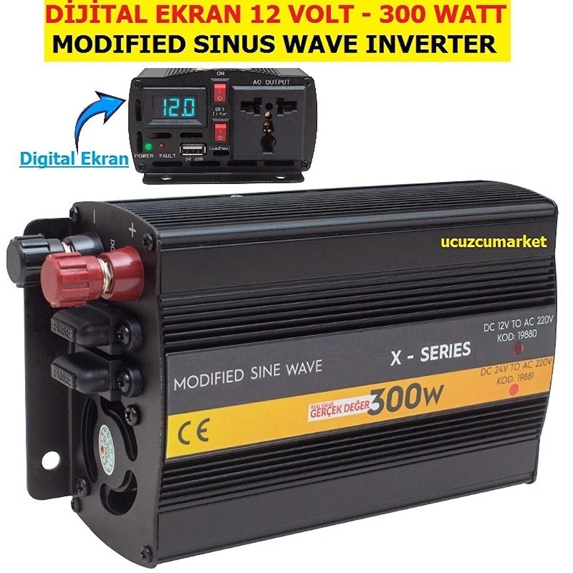  GERÇEK DEĞER DİJİTAL EKRAN 12 VOLT - 300 WATT MODIFIED SINUS WAVE INVERTER (12V - 220V Çevirici)
