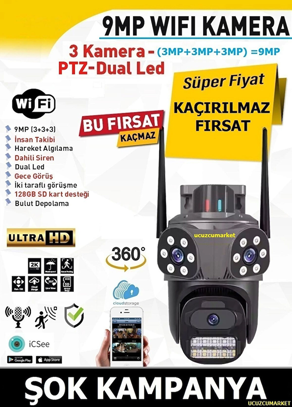 Üç Kameralı Speed Wifi Kamera (Alarm Siren- Uzaktan Izleme-Kayıt Etme-Gece Görüş-Hareket Algılama)
