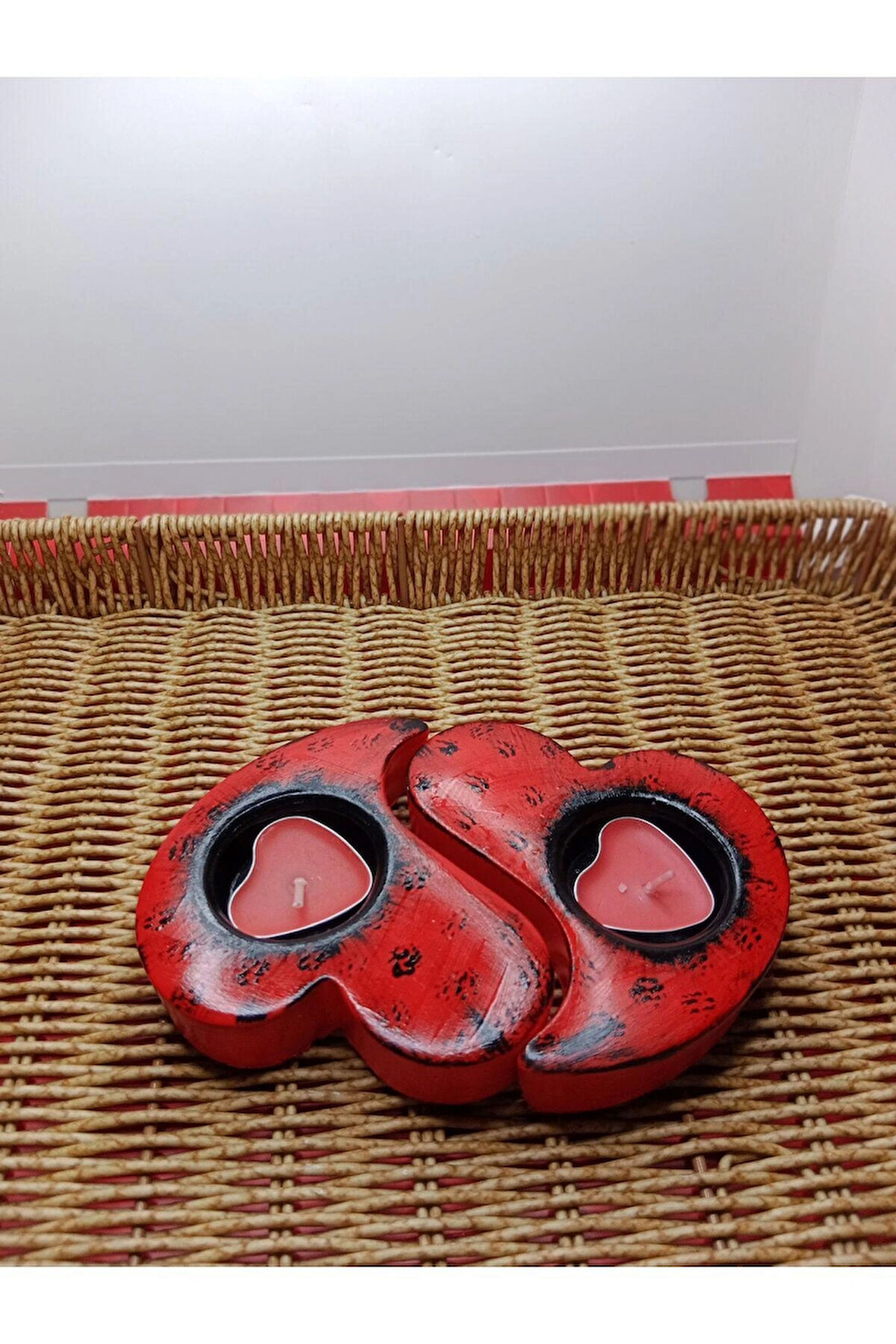 2'li Kırmızı Siyah Kalp Mumluk ve Kalp Mum Dekorasyon Objesi