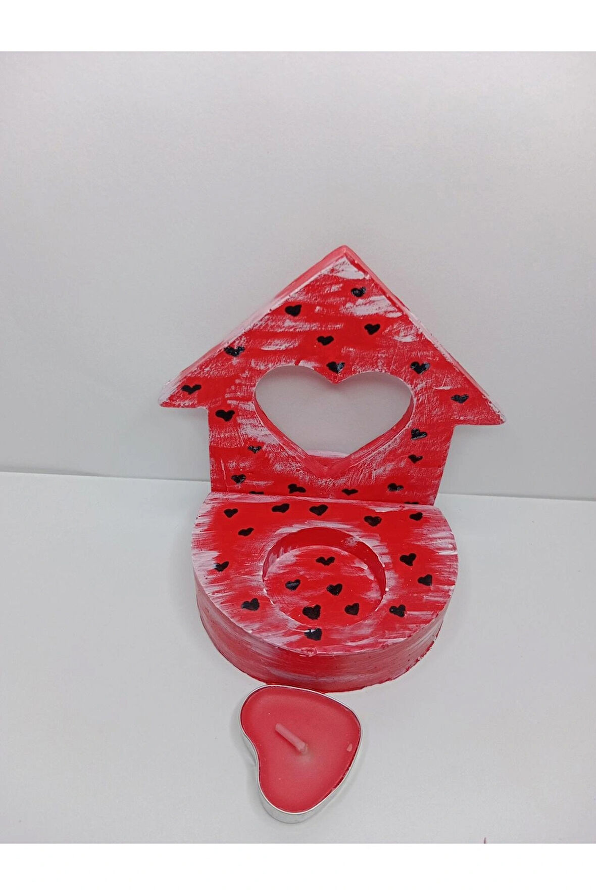 Kalp Desenli Kırmızı Mumluk Obje Tealight Kalp Mum