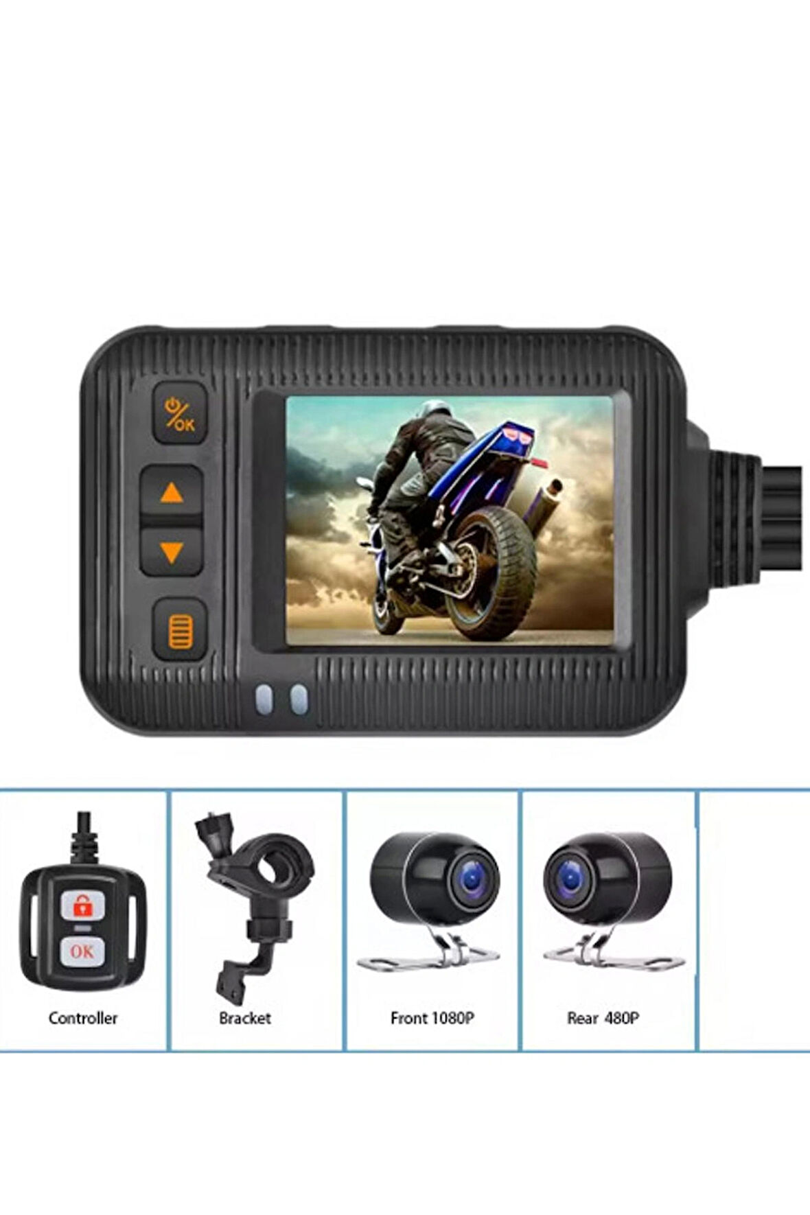 2 inç ekran 1080p motosiklet ön ve arka görüş kamerası kumandalı Gidon Baglantılı  