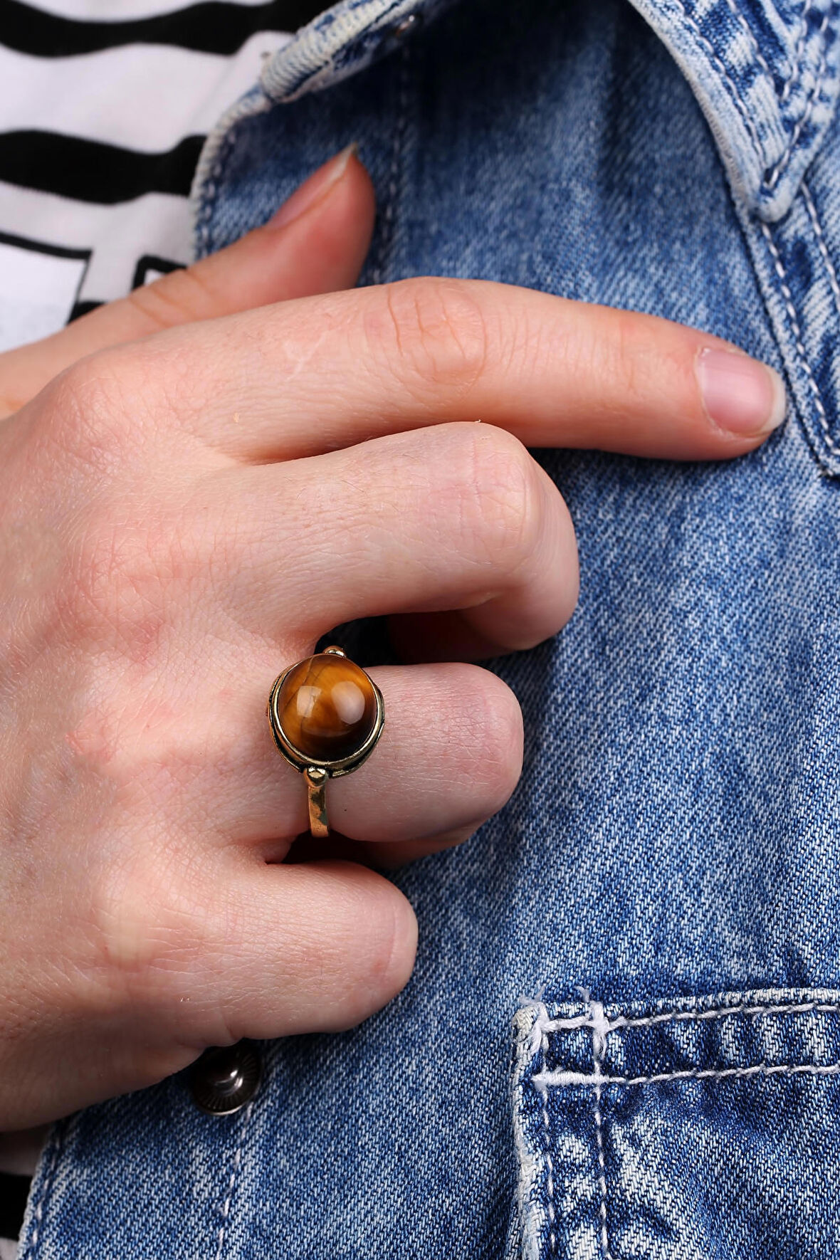 Doğal Taş Kaplan Gözü Doğal Taşlı Ayarlanabilir Yüzük