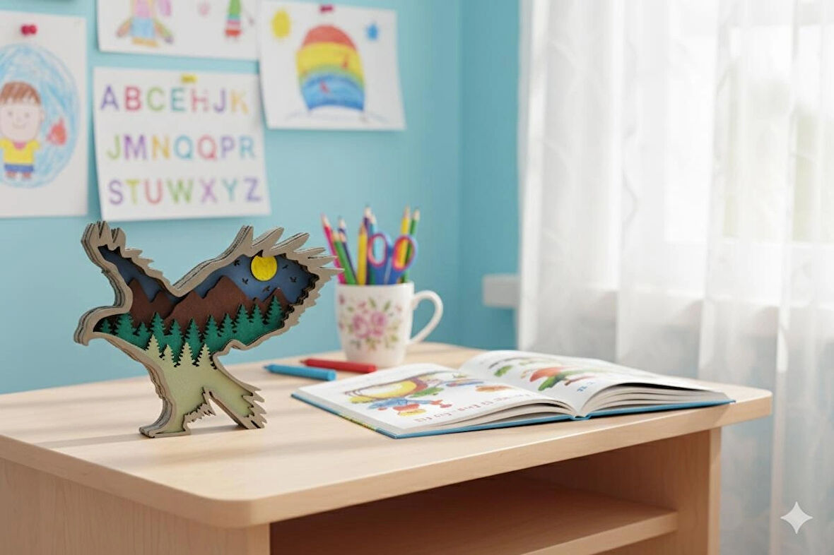 3D Katmanlı Ahşap Kartal Figürlü Dekoratif Masa Süsü