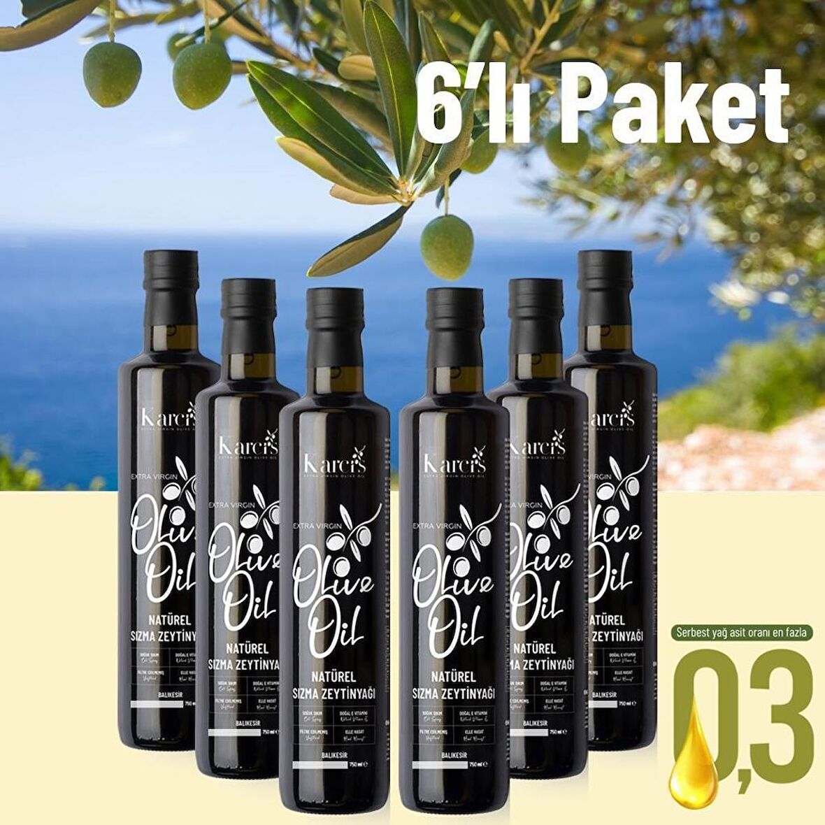 Karci's 0,3 Soğuk Sıkım Natürel Sızma Zeytinyağı 750 ml 6'lı